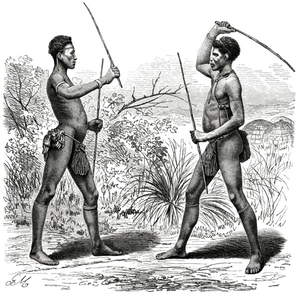 Two Zulu Men in Fencing Game, Africa, Illustration, 1885