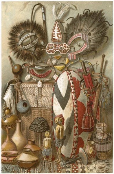 Assortment of East African Weapons and Equipment, Africa, Illustration, 1885