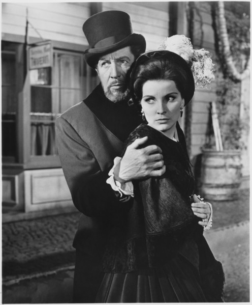 Vincent Price, Debra Paget, on-set of the Film, "The Haunted Palace", 1963