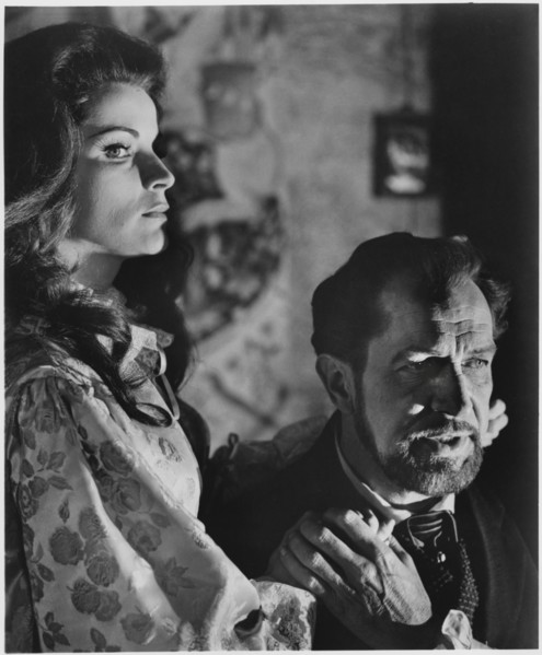 Debra Paget, Vincent Price, on-set of the Film, "The Haunted Palace", 1963