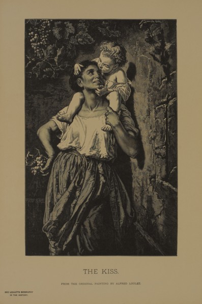 The Kiss, Woodcut Engraving from the Original Painting by Alfred Loulet, The Masterpieces of French Art by Louis Viardot, Published by Gravure Goupil et Cie, Paris, 1882, Gebbie & Co., Philadelphia, 1...