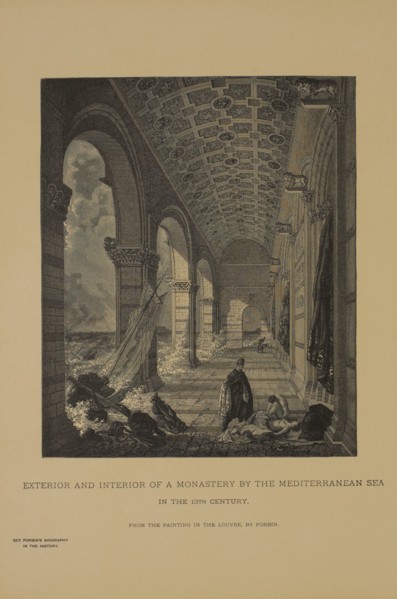 Exterior and Interior of a Monastery by the Mediterranean Sea in the 13th Century, Woodcut Engraving from the Original Painting by Louis Nicolas Philippe Auguste de Forbin, The Masterpieces of French ...