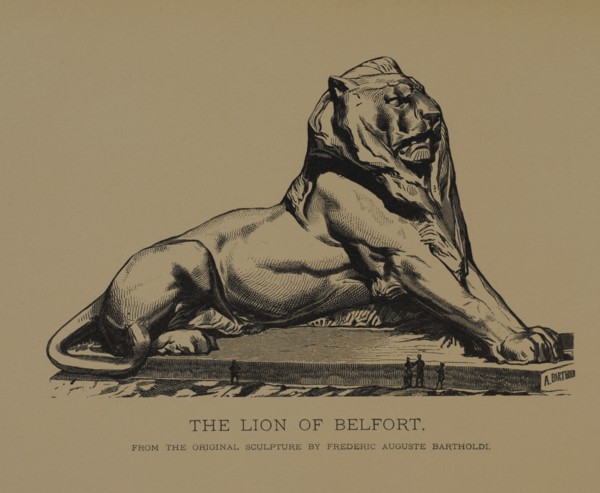 The lion of Belfort, Woodcut Engraving from the Original 1880 Sculpture by Frédéric Auguste Bartholdi, The Masterpieces of French Art by Louis Viardot, Published by Gravure Goupil et Cie, Paris, 1882,...