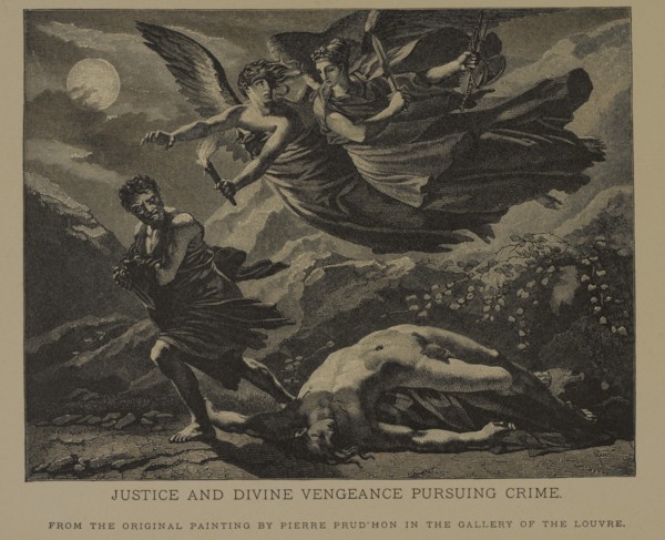 Justice and Divine Vengeance Pursuing Crime, Woodcut Engraving from the Original 1808 Painting by Pierre-Paul Prud'hon, The Masterpieces of French Art by Louis Viardot, Published by Gravure Goupil et ...