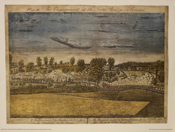 The Engagement of the North Bridge in Concord, Plate III, by Ralph Earl, 1775, Hand-Colored Etching and Engraving by Amos Doolittle, Printed by R. R. Donnelley & Sons Company