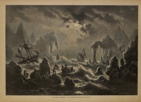 Polar Night at Spitsbergen (Polarnacht bei Spitzbergen), Woodcut Engraving after the Original painting by Albert Rieger, Um die Welt Newspaper, Germany, July 1882