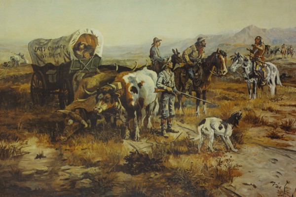 Last Chance or Bust, Wagon Train Confronted by Native Americans, Western Frontier, 1870