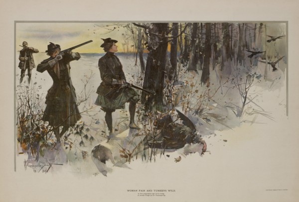 Woman Fair and Turkeys Wild, In this Progressive Age We're Living, A Woman Brings us our Thanksgiving, Granville Smith, Watercolor on Paper, 1894