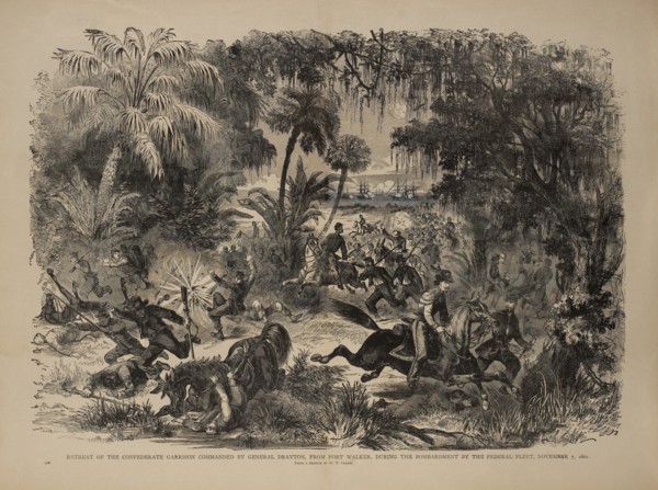 Retreat of the Confederate Garrison Commanded by General Drayton, From Fort Walker, during the Bombardment by the Federal Fleet, November 7, 1861, from a sketch by W.T. Crane
