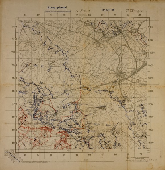 Top Secret World War I Map of Northeastern France near German Border Showing German Military Positions, January 1, 1918