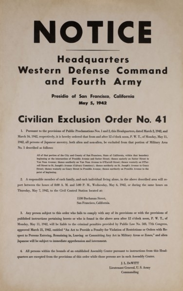 Civilian Exclusion order #41, Part I, Directing Removal by May 11 of Persons of Japanese Ancestry, 1530 Buchanan Street, San Francisco, California, USA, May 1942