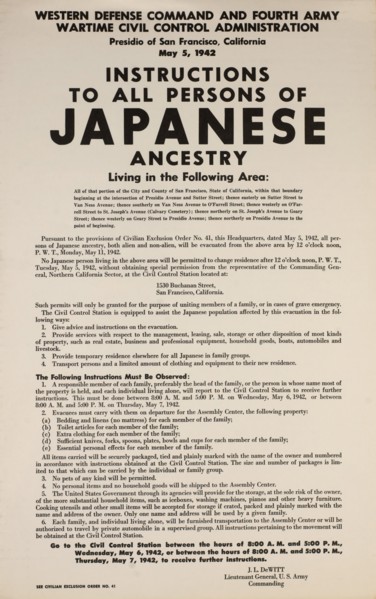 Civilian Exclusion order #41, Part II, Directing Removal by May 11 of Persons of Japanese Ancestry, 1530 Buchanan Street, San Francisco, California, USA, May 1942
