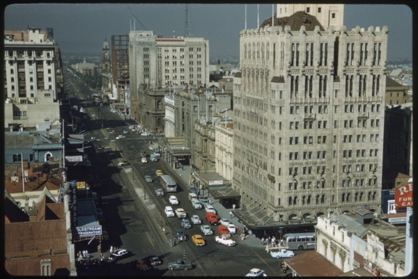 High Angle View of Street Scene, King William Street and Colonial Mutual Life Building, Adelaide, Australia, 1960