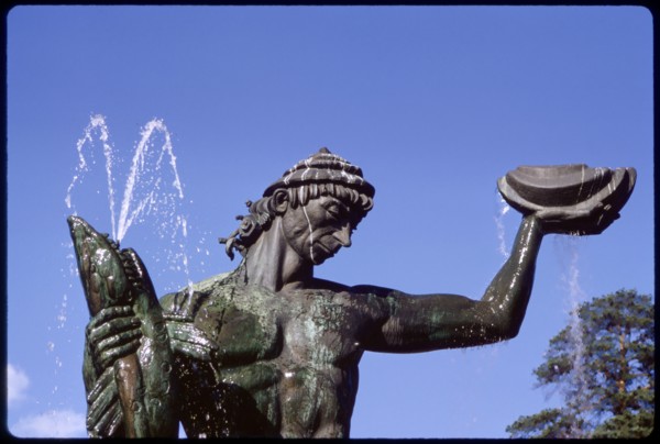 Poseidon Sculpture and Water Fountain against Blue Sky, Lower Terrace of Sculpture Park, Millsgarden, Lidingö, Sweden, 1966
