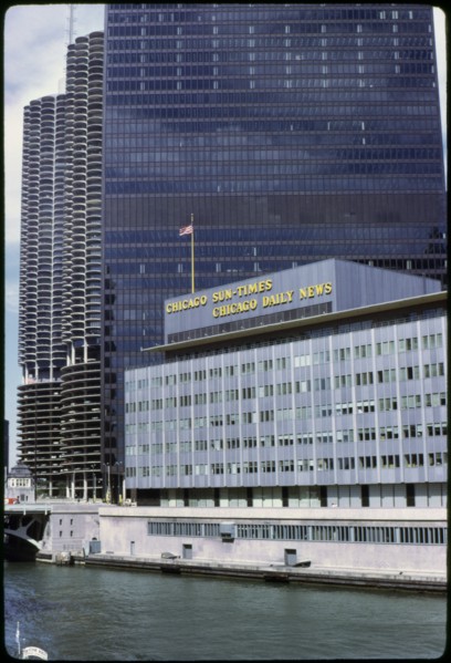 Chicago Sun-Times, Chicago Daily News Building with Marina Towers in Background along Chicago River, Chicago, Illinois, USA, 1972