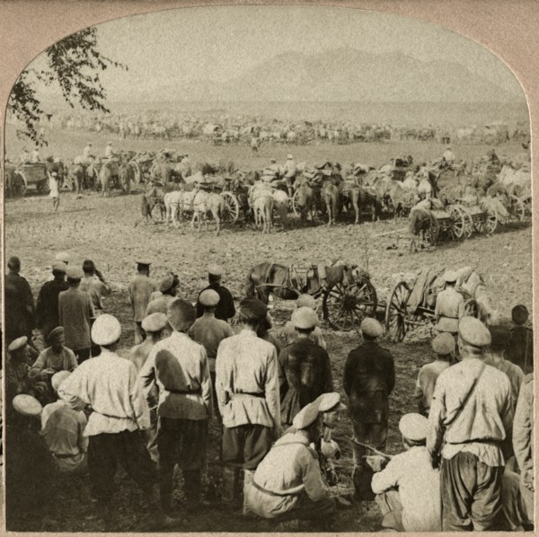 Army Transports in Camp on the Plains of Manchuria, Single Image of Stereo Card, B.W. Kilburn, 1905