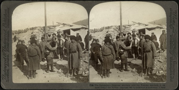 The Surrender-Japanese Sentinels Relieving Russian Sentinels in an outer fort, Port Arthur, Stereo Card, Underwood & Underwood, 1905