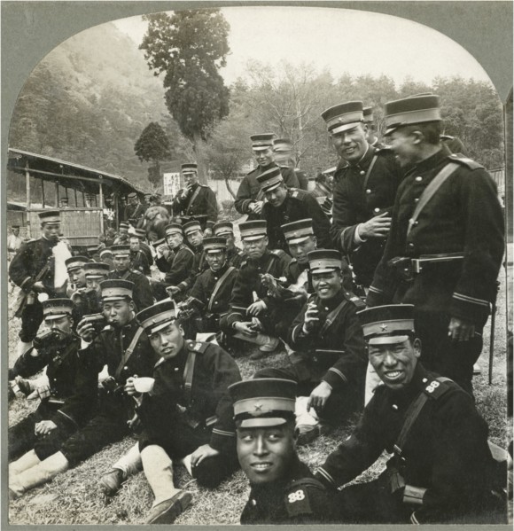 A Noon lunch of rice and tea-Japanese army on the way to the front, Single Image of Stereo Card, Keystone View Company, 1904