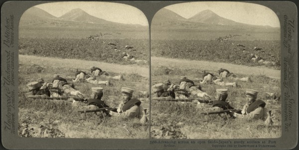 Advancing across an open field-Japan's sturdy soldiers at Port Arthur, Stereo Card, Underwood & Underwood, 1905