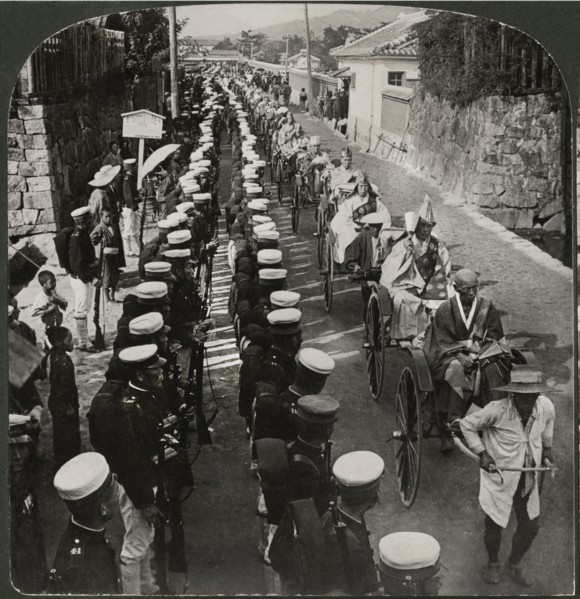 Buddhist Priests in Funeral Procession of Officers killed at Port Arthur, Hiroshima, Japan, Single Image of Stereo Card, J.J. Killelea & Co., 1906