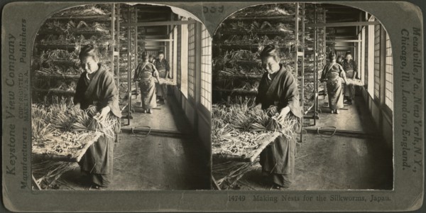 Making Nests for the Silkworms, Japan, Stereo Card, Keystone View Company, 1905
