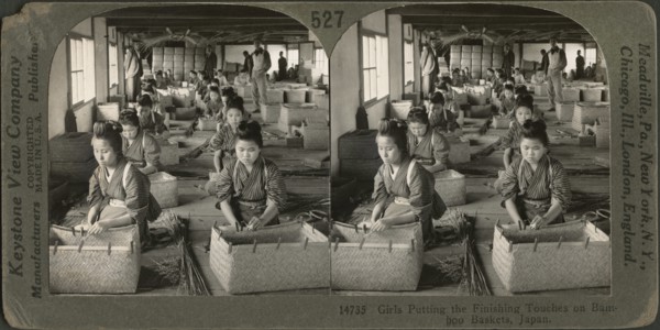 Girls Putting the Finishing Touches on Bamboo Baskets, Japan, Stereo Card, Keystone View Company, 1905