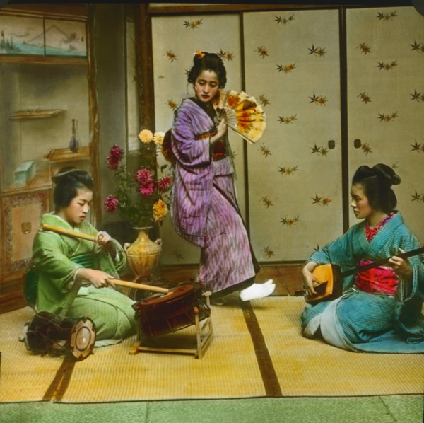 Two Musicians and Dancing Girl, Yokonawa, Japan, Hand-Colored Magic Lantern Slide, Newton & Company, 1920