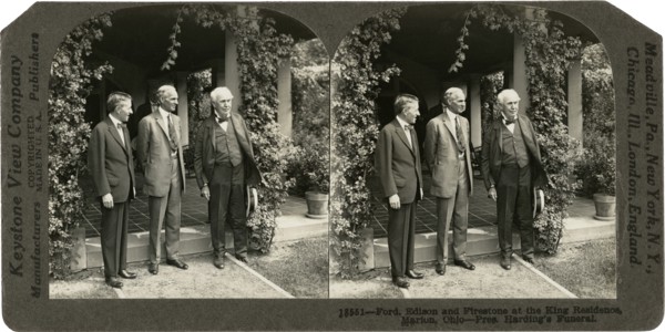 Harvey Firestone, Henry Ford & Thomas Edison  at King Residence during U.S. President Warren G. Harding's Funeral, Marion, Ohio, USA, Stereo Card, Keystone View Company, August 1923
