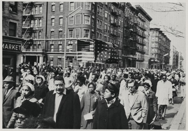 Crowd of Mourners, some Carrying Flags, Marching down 7th Avenue near 112th Street on way to Attend Memorial Service for Dr. Martin Luther King Jr. in Central Park, New York City, New York, USA, April...