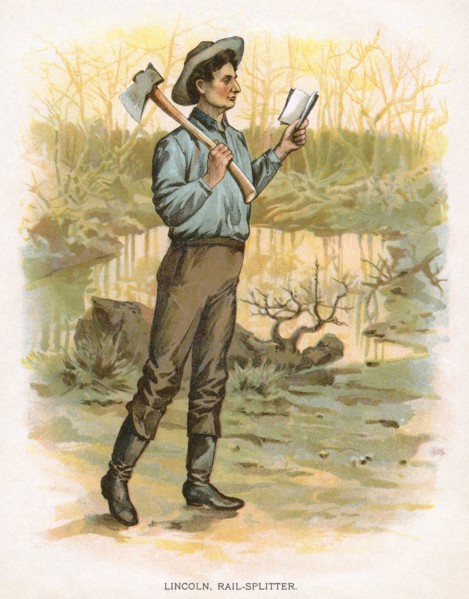 Abraham Lincoln, Holding Ax and Reading Book, from the Book, "True Stories of Great Americans for Young Americans", 1897