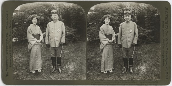 Field Marshal Marquis Oyama and his Charming Wife, Marchioness Oyama, in the Gardens of their Tokyo Home, Just Before the General's Departure for the front to take Command of all Japanese Land Forces,...
