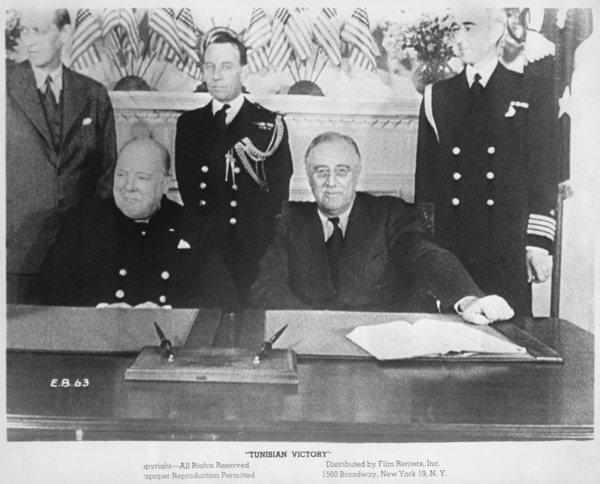 British Prime Minister Winston Churchill (L) and U.S. President Franklin Roosevelt meeting at White House during World War II, June 19, 1942, publicity still from the Propaganda Film, "Tunisian Victor...