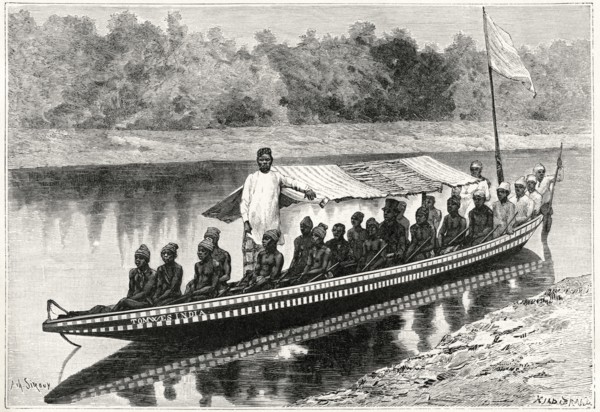 Barge on the Old Calabar River, Nigeria, Illustration by Sirouy/Hilldibrand, Harper's Monthly Magazine, 1879