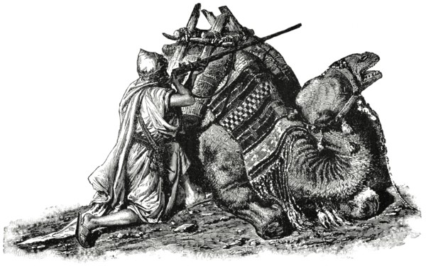 Traveler Shooting in Desert, Syria, 1890, Illustration, Classical Portfolio of Primitive Carriers, by Marshall M. Kirman, World Railway Publ. Co., Illustration, 1895