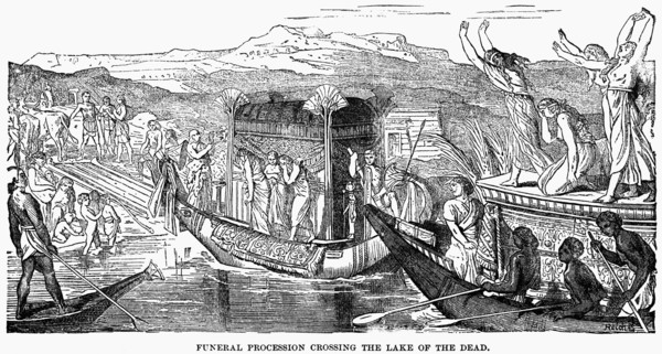 Funeral Procession Crossing Lake of the Dead, Illustration, Cyclopaedia of Universal History, Volume 1, The Ancient World, by John Clark Ridpath, the Jones Brothers Publishing Company, 1885