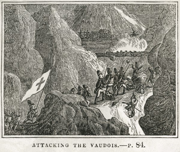 The French Attacking the Vaudois, 1686, Illustration from the Book, Historical Cabinet, L.H. Young Publisher, New Haven, 1834