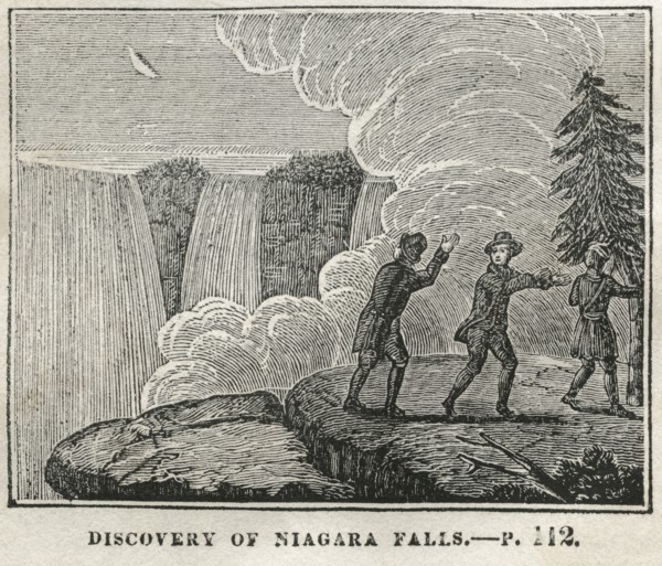 Discovery of Niagara Falls, Illustration from the Book, Historical Cabinet, L.H. Young Publisher, New Haven, 1834
