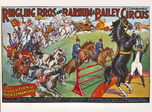 Ringling Bros and Barnum & Bailey Combined Circus, The Evolution of Horsemanship, Circus Poster, Lithograph, 1930's