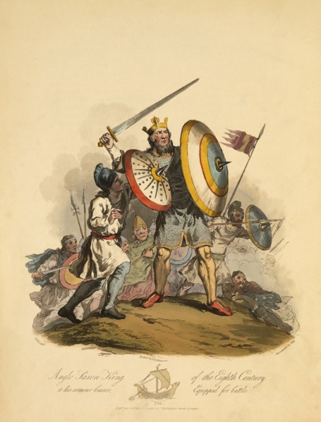Anglo Saxon King of the Eighth Century and his Armour Bearer Equipped for Battle, 750, Etching by I.A. Atkinson, 1813