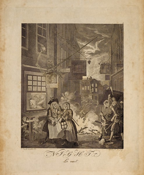 La Nuit (Night), London Street Scene at Night, by William Hogarth, Engraving, 1738