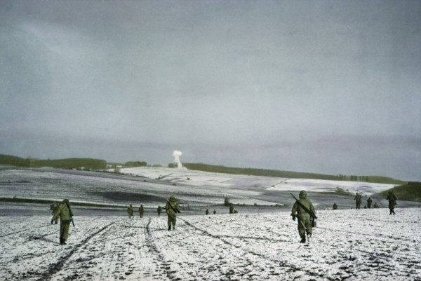 Infantrymen Advance, Bastogne, Belgium, Ardennes-Alsace Campaign, Battle of the Bulge, December 1944