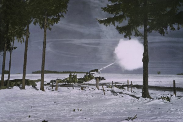 155-mm Gun M1A1 with Barrel Camouflaged with White Cloth Firing, Ardennes-Alsace Campaign, Battle of the Bulge, 1945