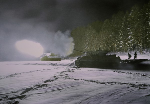 3-inch Gun Motor Carriage Firing on Enemy Positions at Night, Ardennes-Alsace Campaign, Battle of the Bulge, 1945