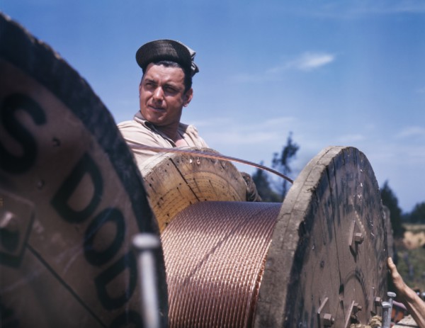 Construction Worker Building 33,000 Electric Power Line, Fort Knox, Kentucky, USA, Alfred T. Palmer for Office of War Information, June 1942