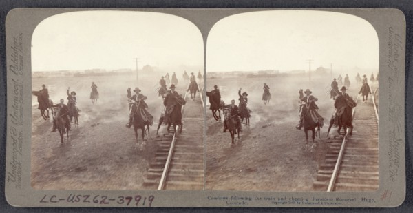 Cowboys Following Train and Cheering President Theodore Roosevelt, Hugo, Colorado, USA, Stereo Card, Underwood & Underwood, June 12, 1903