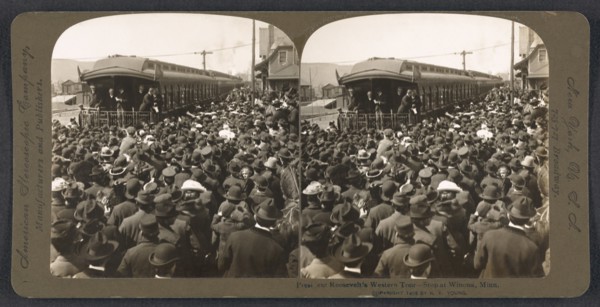 President Theodore Roosevelt Speech from Train during Western Tour, Winona, Minnesota, USA, Stereo Card, R. Y. Young, American Stereoscopic Company, 1903