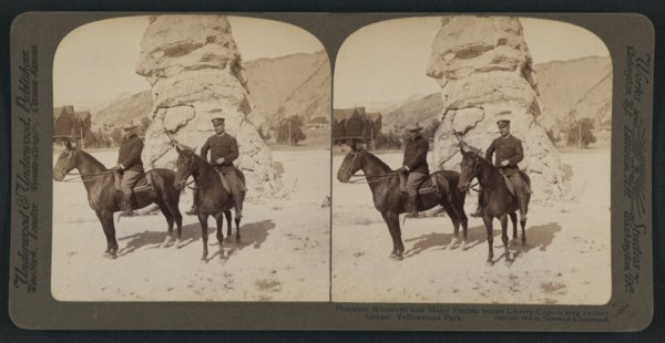 President Theodore Roosevelt's Western Tour, Visiting Liberty Cap, Yellowstone National Park, Wyoming, USA, Stereo Card, R. Y. Young, American Stereoscopic Company, 1903