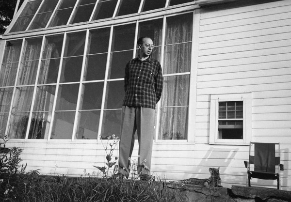 Composer Aaron Copland with his Pet Cat outside his House, Richmond, Massachusetts, USA, 1947
