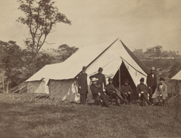 Group Portrait from Left, Captain Wright Rives, John W. Garret, an orderly, General Randolph Marcy, Lt. Col. Andrew B. Porter, Col. Thomas S. Mather, Ozias M. Hatch, Joseph C.G. Kennedy, at Army of th...