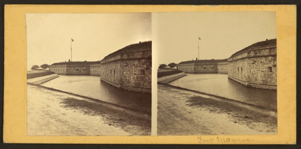South Side Exterior Walls and Moat, Fort Monroe, Virginia, USA, George Stacy, Stereo Card, 1861